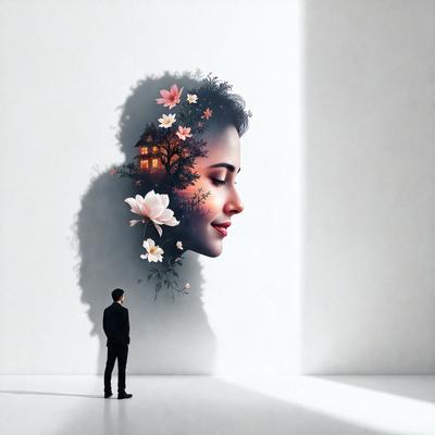 The primary subject of the image is a woman's face with a flower in her hair. The setting is a white wall, and the visual style is a painting or drawing. The colors are predominantly white, with the woman's face and the flower adding a touch of color. The overall atmosphere is serene and artistic.